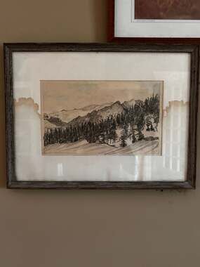 Vintage Original Mountain Landscape Pencil Drawing in Rustic Frame